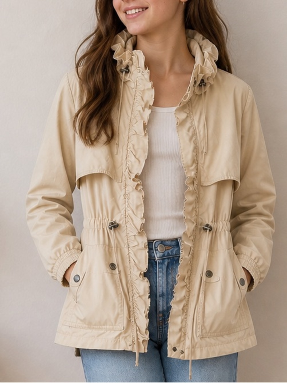 Banana Republic Ruffle Windbreaker Spring Jacket Youth XL Cream Lightweight Coat